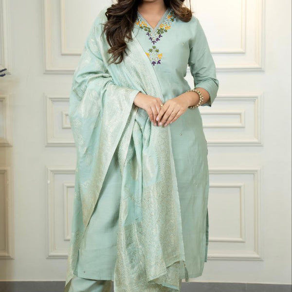 Lorenvalley Fashion Seagreen Roman Silk Hand Work Kurta Pant with Dupatta - Distacart