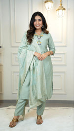 Thumbnail for Lorenvalley Fashion Seagreen Roman Silk Hand Work Kurta Pant with Dupatta