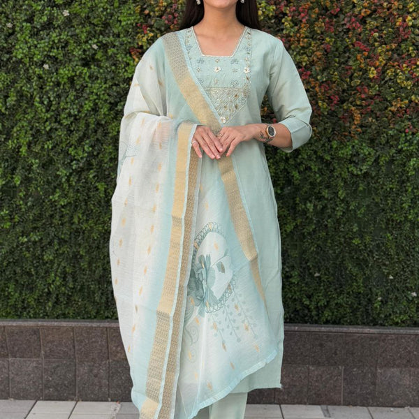 Lorenvalley Fashion Seagreen Roman Silk Hand Work Kurta Pant with Dupatta - Distacart