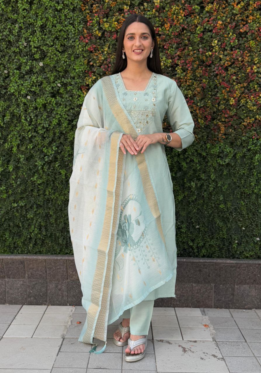 Lorenvalley Fashion Seagreen Roman Silk Hand Work Kurta Pant with Dupatta - Distacart
