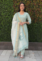 Thumbnail for Lorenvalley Fashion Seagreen Roman Silk Hand Work Kurta Pant with Dupatta