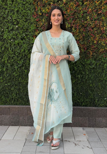 Lorenvalley Fashion Seagreen Roman Silk Hand Work Kurta Pant with Dupatta