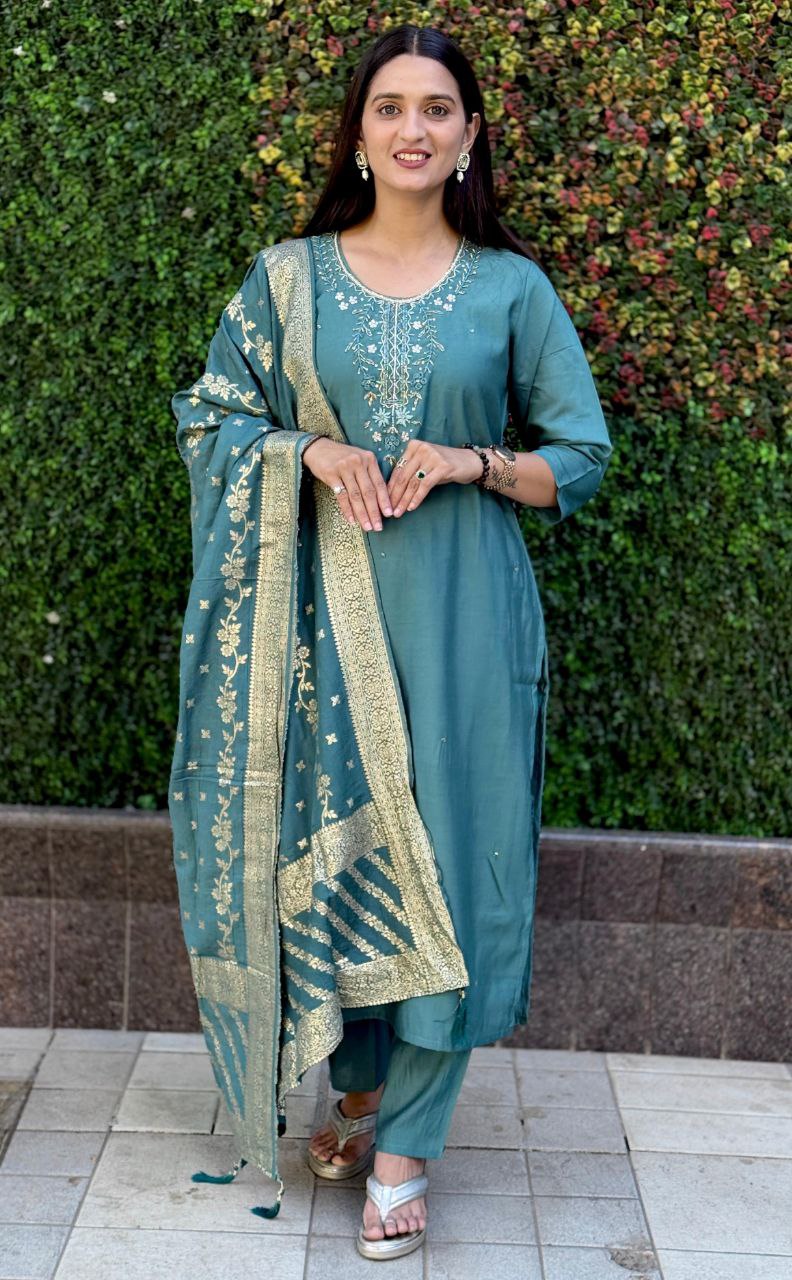 Lorenvalley Fashion Seagreen Roman Silk Hand Work Kurta Pant with Dupatta