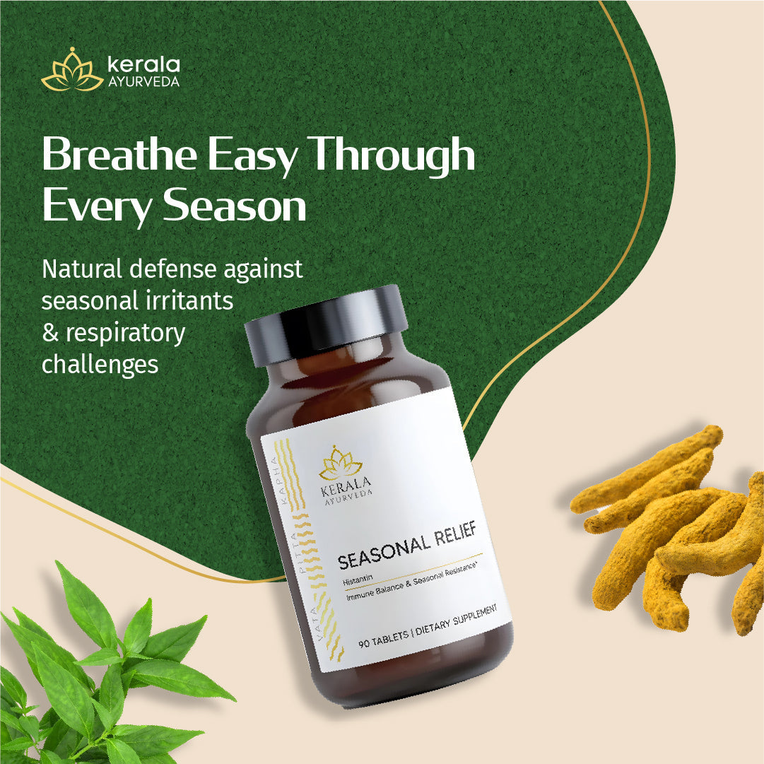 Kerala Ayurveda seasonal relief supplement bottle with turmeric and green leaves on a beige background