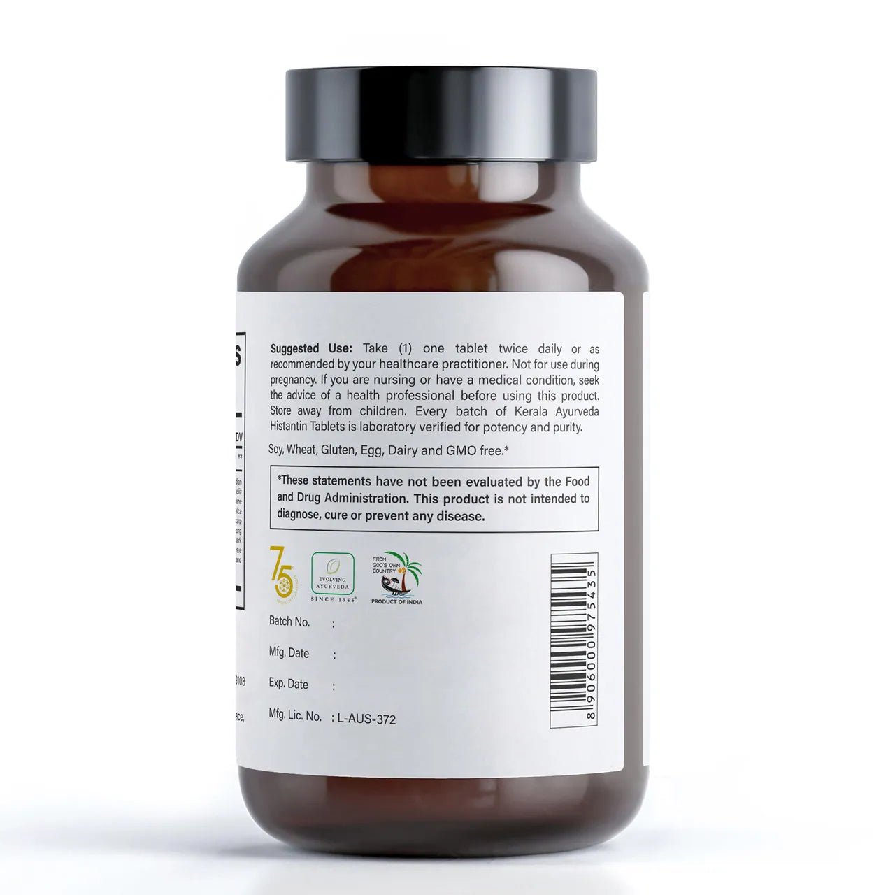 A bottle of Kerala Ayurveda, allergy medicine - Seasonal Relief, 90 tablets, dietary supplement with label showing how to use suggestions