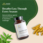 Thumbnail for Kerala Ayurveda seasonal relief supplement bottle with turmeric and green leaves on a beige background