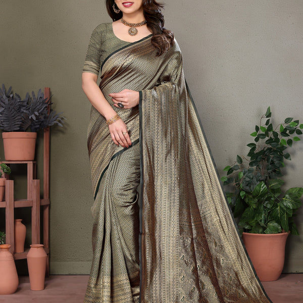 Vedant Vastram Litchi Silk Banarasi Silk Saree - Bottle Green - Distacart