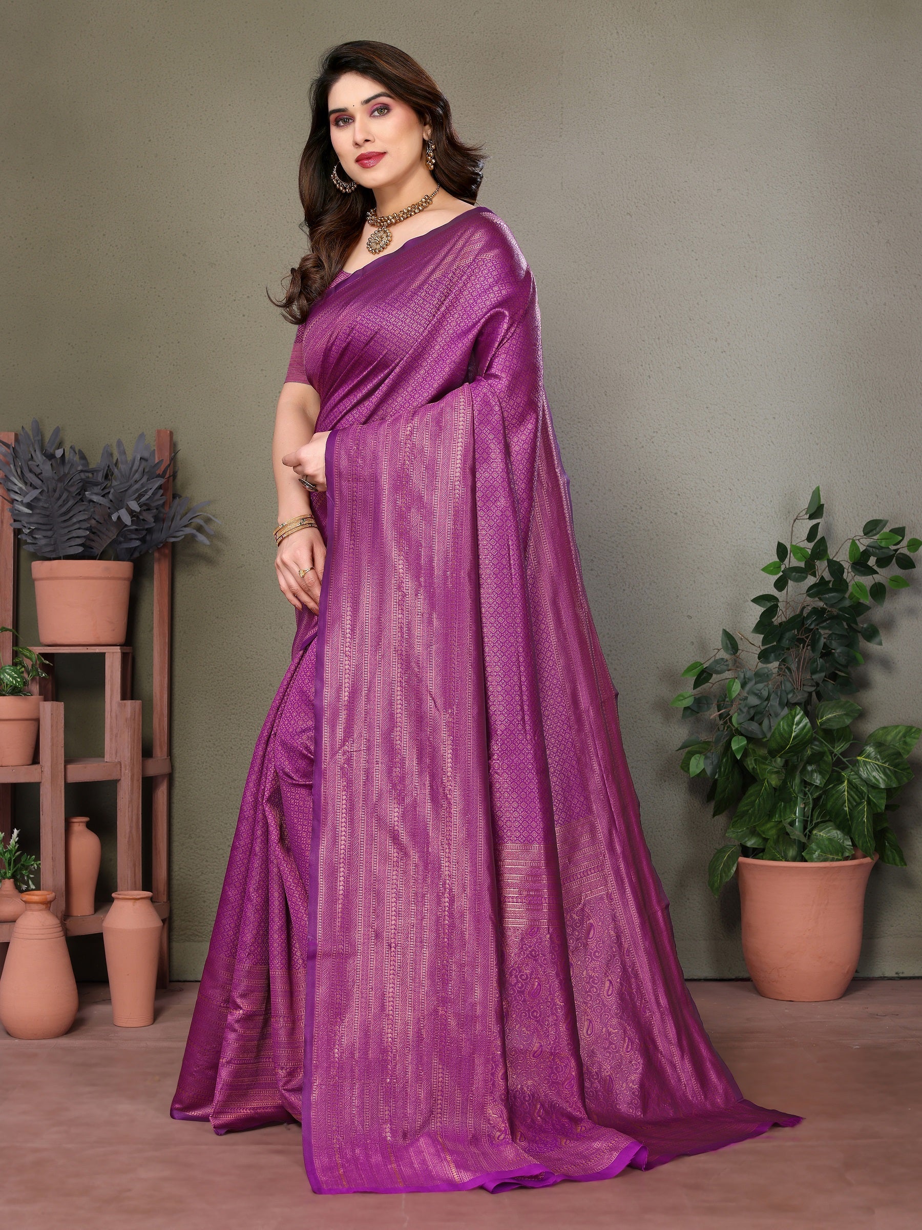 Vedant Vastram Litchi Silk Banarasi Silk Saree - Purple - Distacart