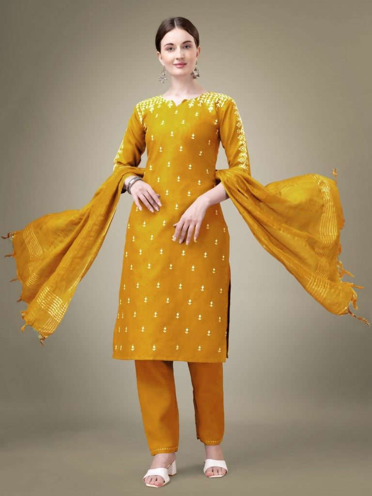Jyoti Fashion Women's Yellow Cotton Blend Embroidery & Sequence work Kurta with Trouser & Dupatta - Distacart