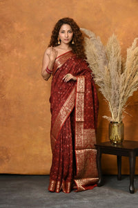 Thumbnail for Very Much Indian Modal Silk Ajrakh Handblock Printed Natural Dyes With Designer Border Saree - Red - Distacart