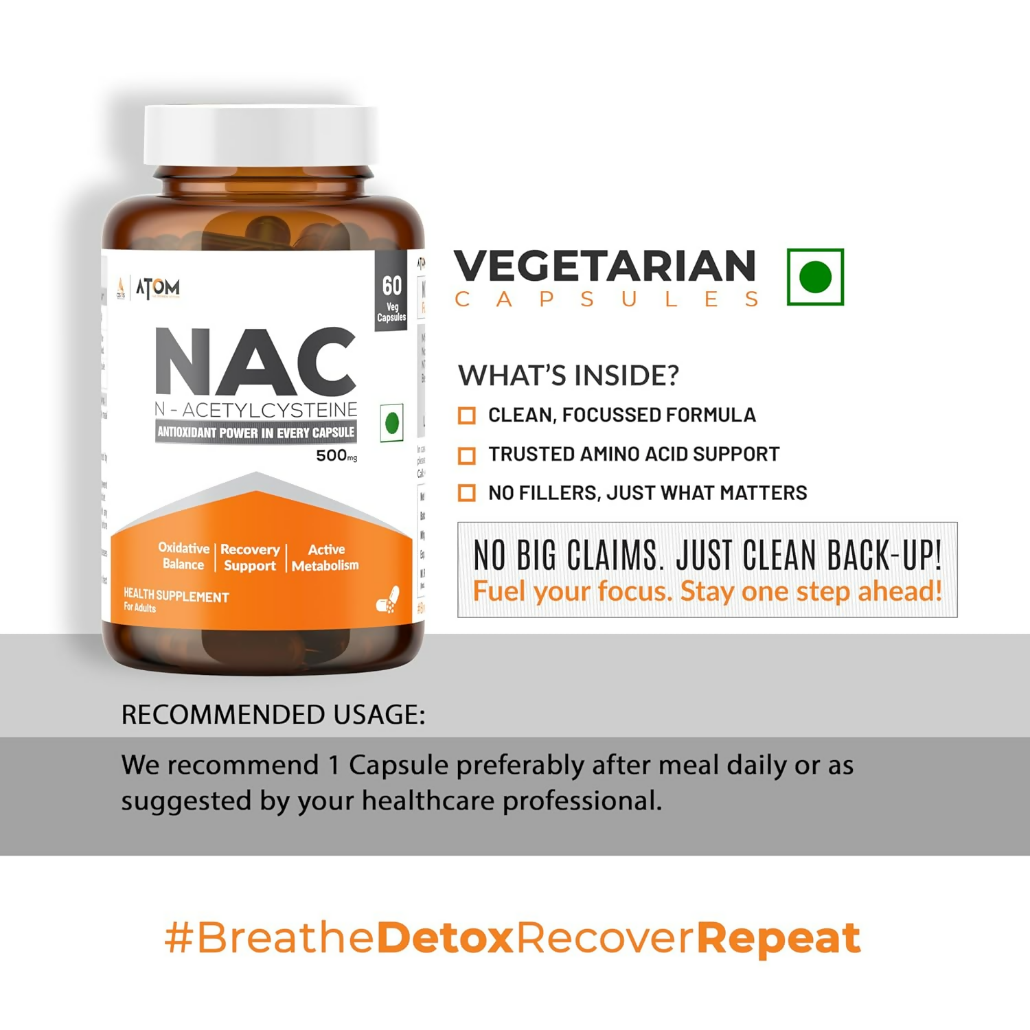 As-It-Is Atom Nac (N-Acetylcysteine) 500Mg Veg Capsules