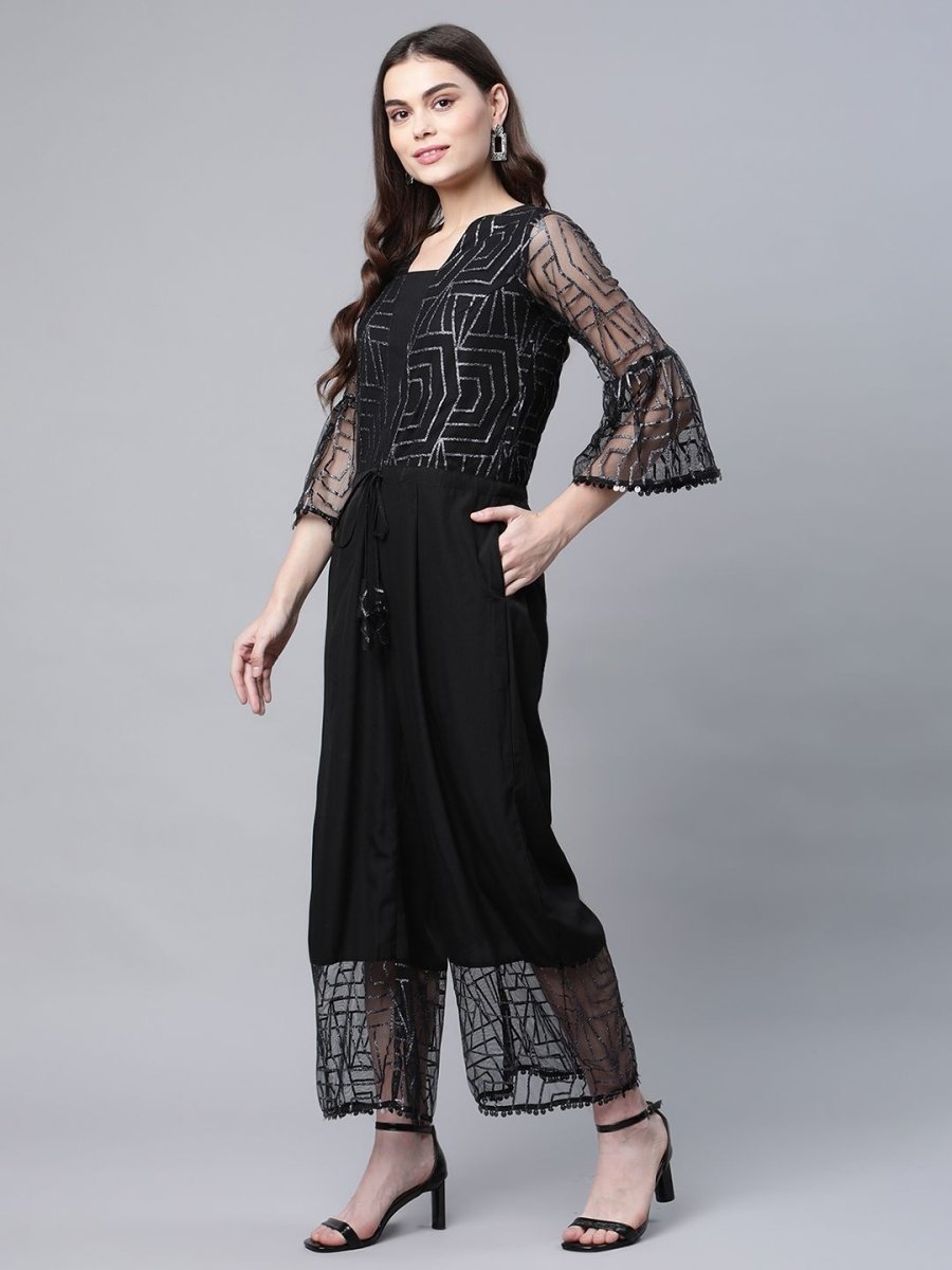 Ahalyaa Womens Crepe & Net Black Printed Jumpsuit - Distacart