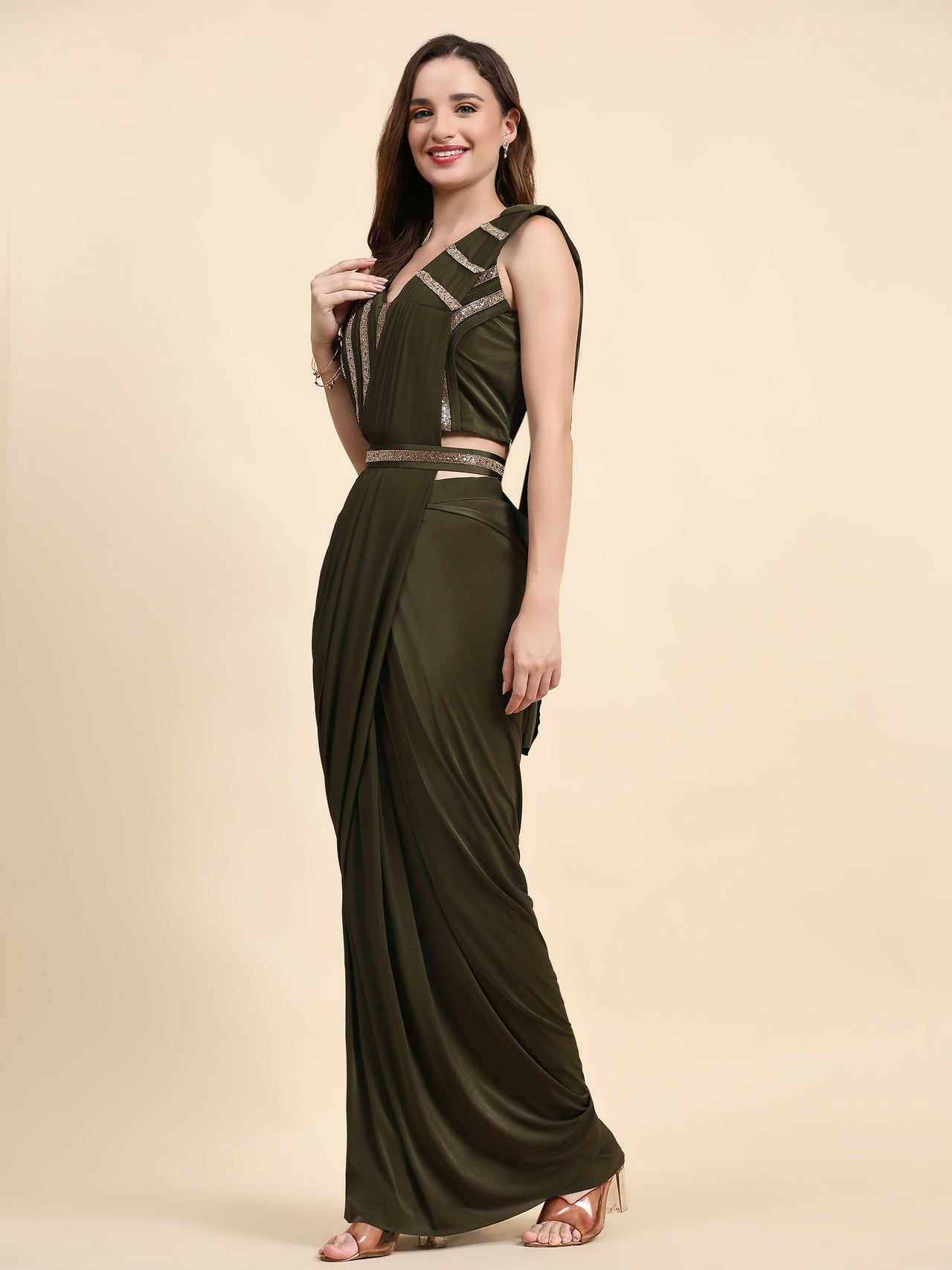 Green Polyester Solid Ready to Wear Saree with stitched Blouse - Nita - Distacart