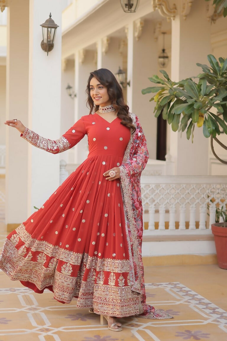 Jyoti Fashion Women's Orange Faux Georgette Sequins Zari Embroideredy Anarkali Dress with Dupatta - Distacart