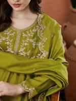 Thumbnail for The52 Light Green Women's Beautiful Vichitra Silk Fabric Embroidered Work Flared Anarkali Pant and Dupatta Set - Distacart