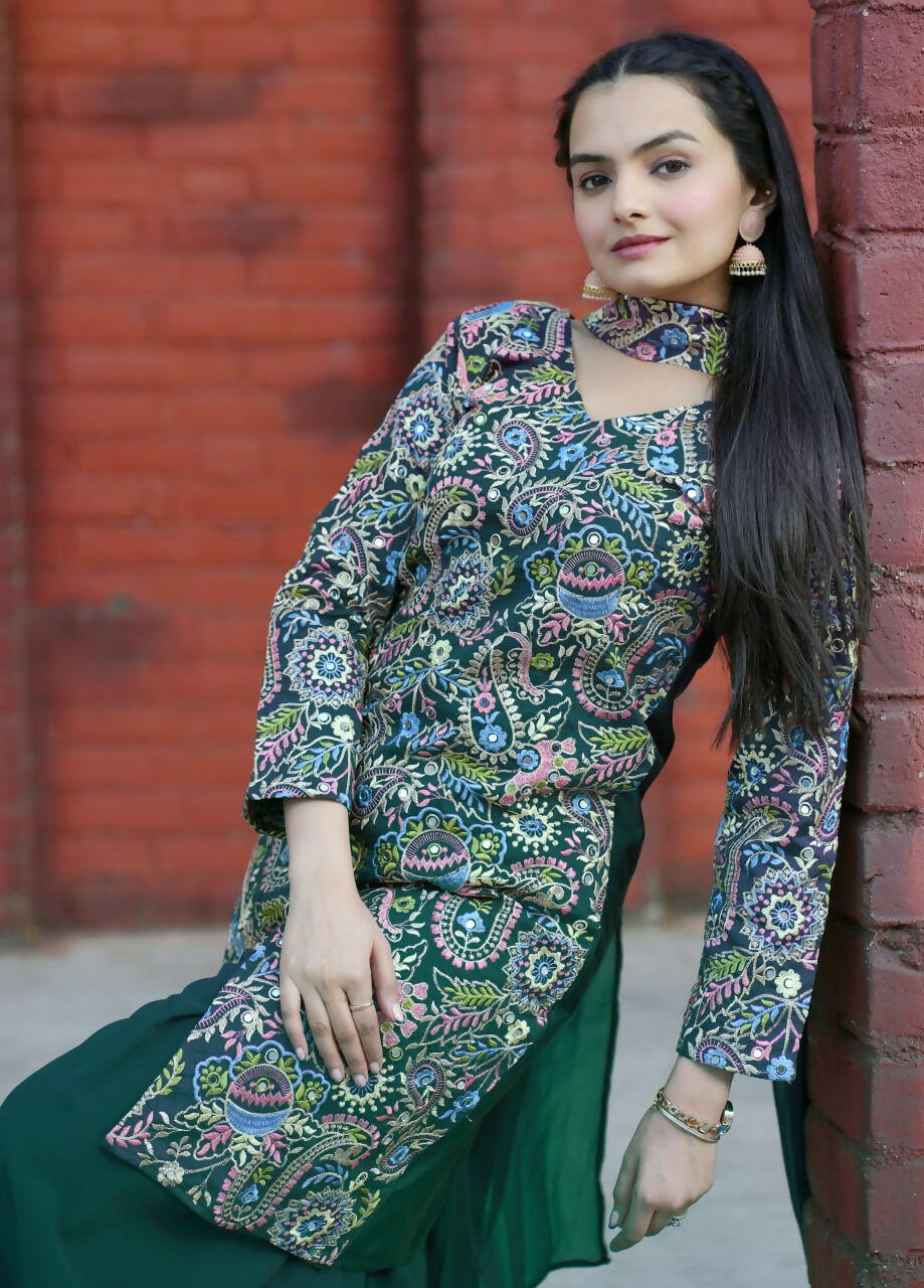 Teeya Creation Green Color Tapeta Silk Embroidery Work Party Wear Palazzo Set - Distacart