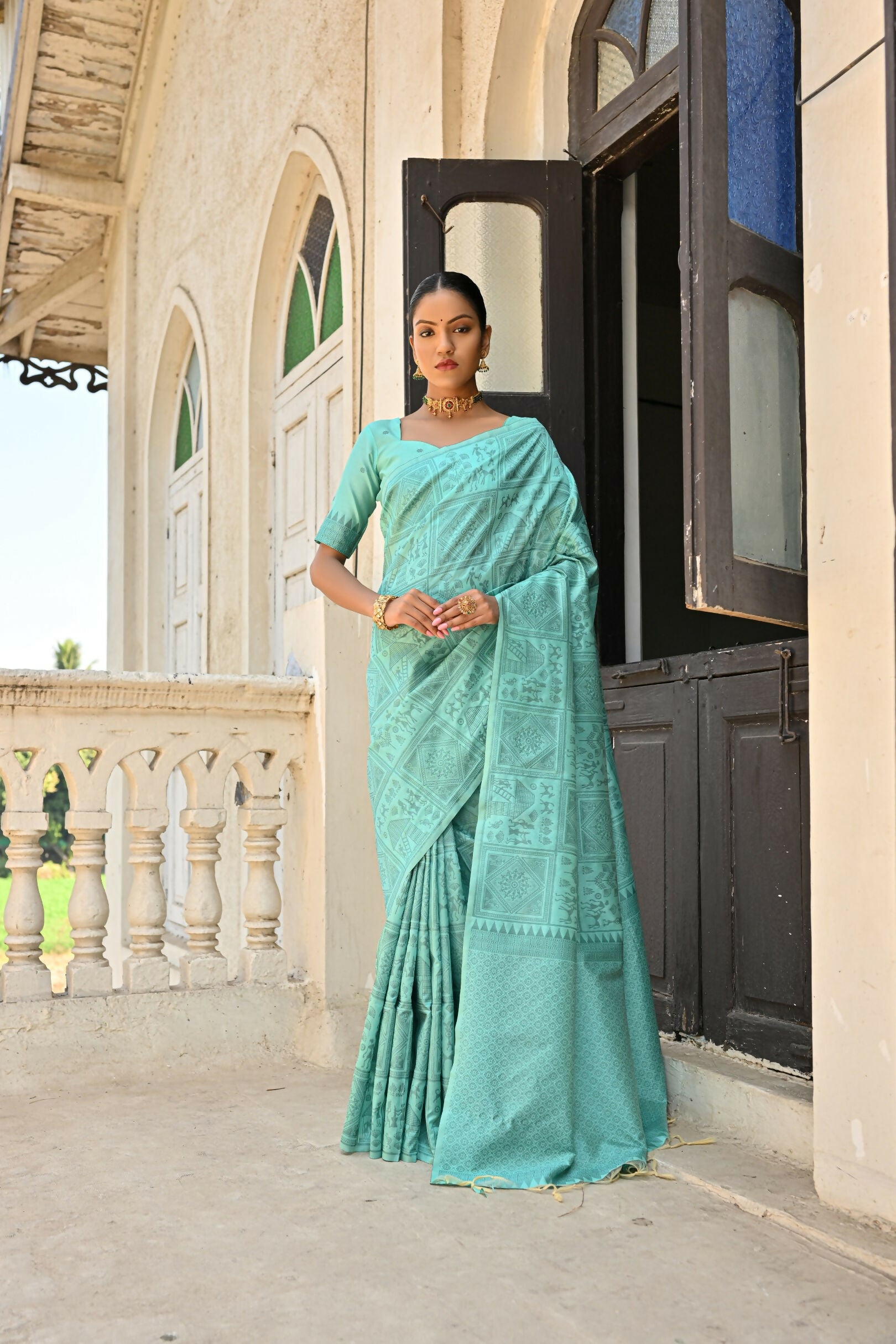 Vishnu Weaves Women's Sea-Green Handloom Raw Silk Saree with Blouse - Distacart
