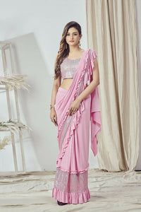 Thumbnail for Mahotsav Women's Pink Lycra Embellished Ready To Wear Saree With Stitched Blouse - Distacart
