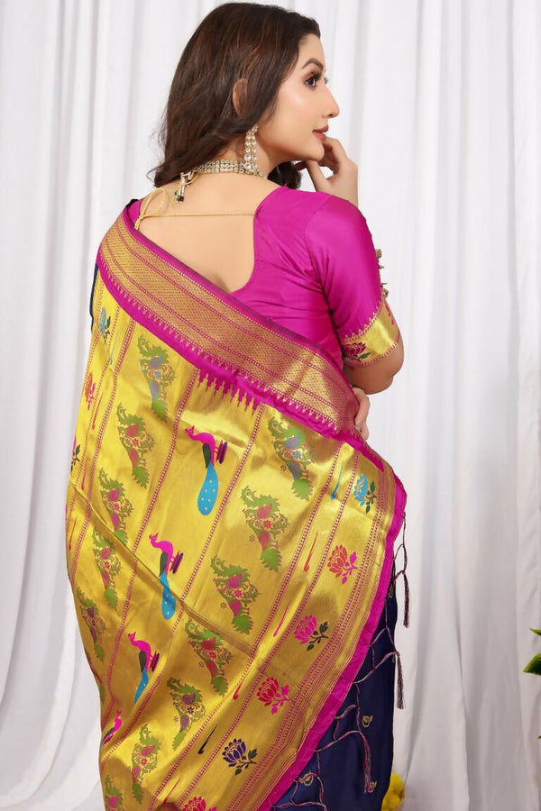 Jyoti Fashion Women's Navy Blue Paithani Silk Zari Woven Saree with Blouse - Distacart