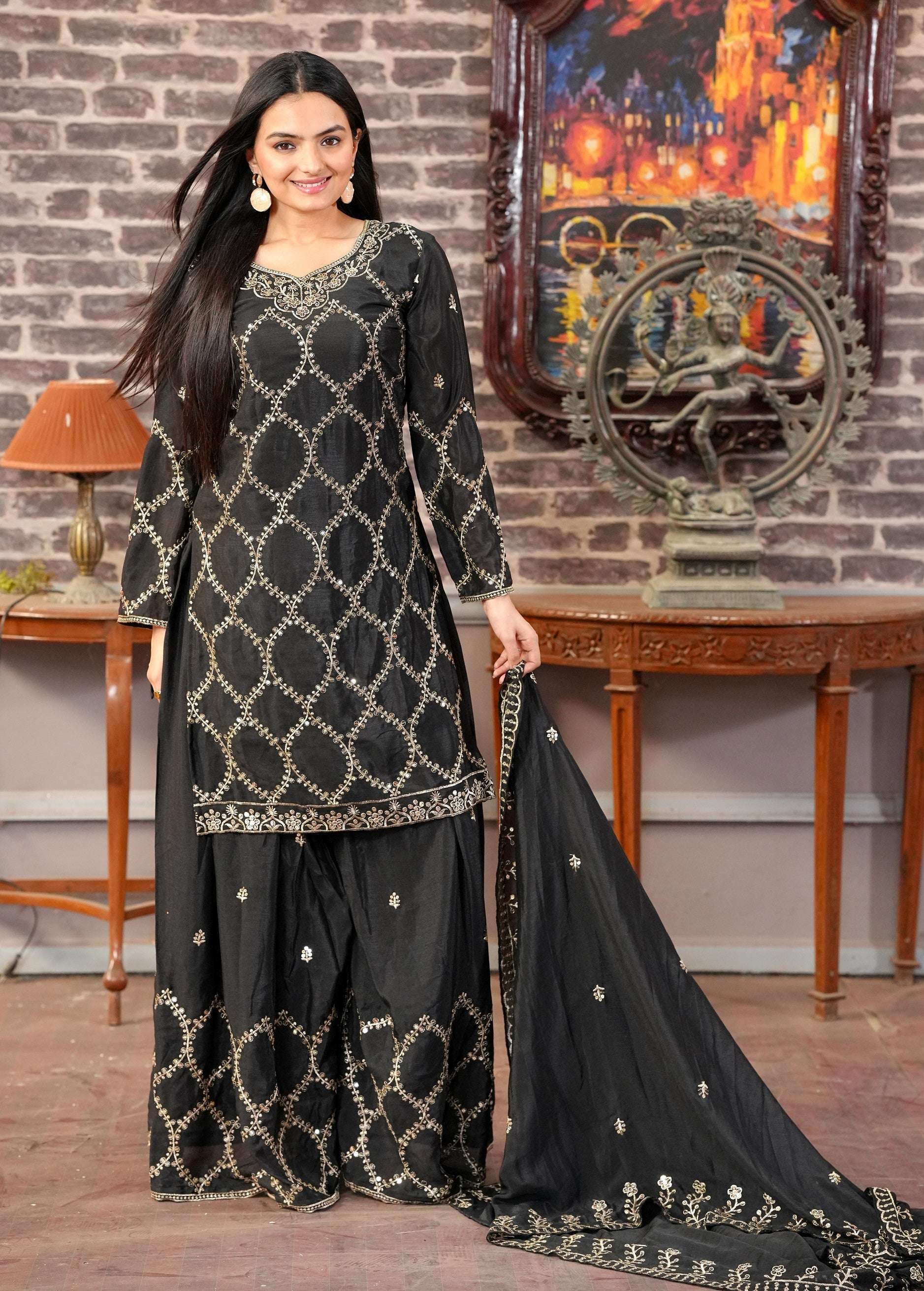Lehenga Mart Designer Chinon Sharara Suit With Sequence Embroidered Work - Black - Distacart