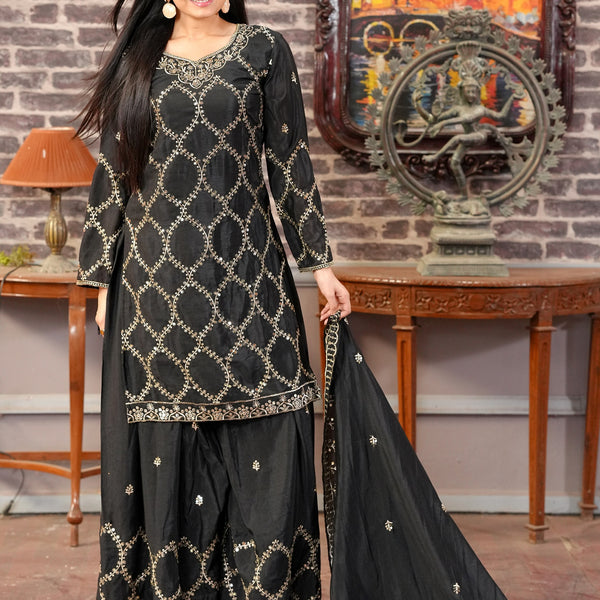 Lehenga Mart Designer Chinon Sharara Suit With Sequence Embroidered Work - Black - Distacart
