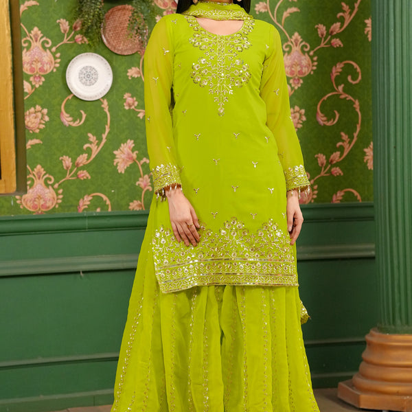 Lehenga Mart Designer Georgette Sharara Suit With Sequence Embroidered Work - Parrot Green - Distacart