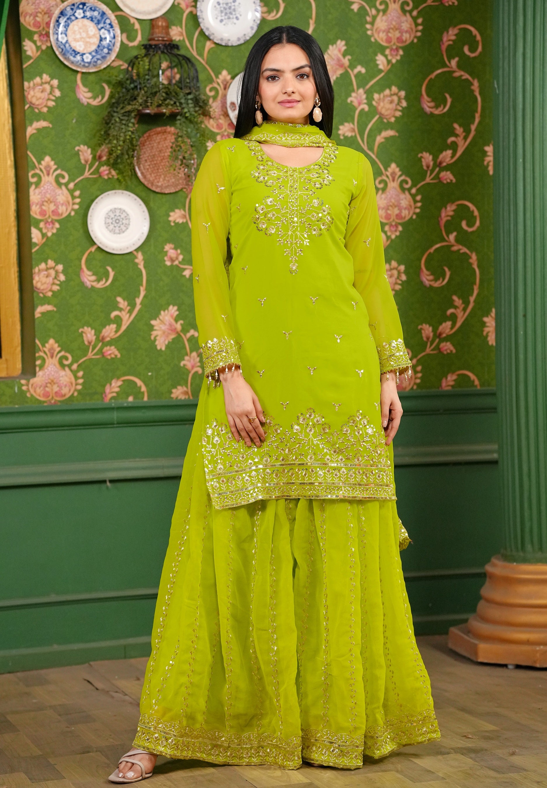 Lehenga Mart Designer Georgette Sharara Suit With Sequence Embroidered Work - Parrot Green - Distacart