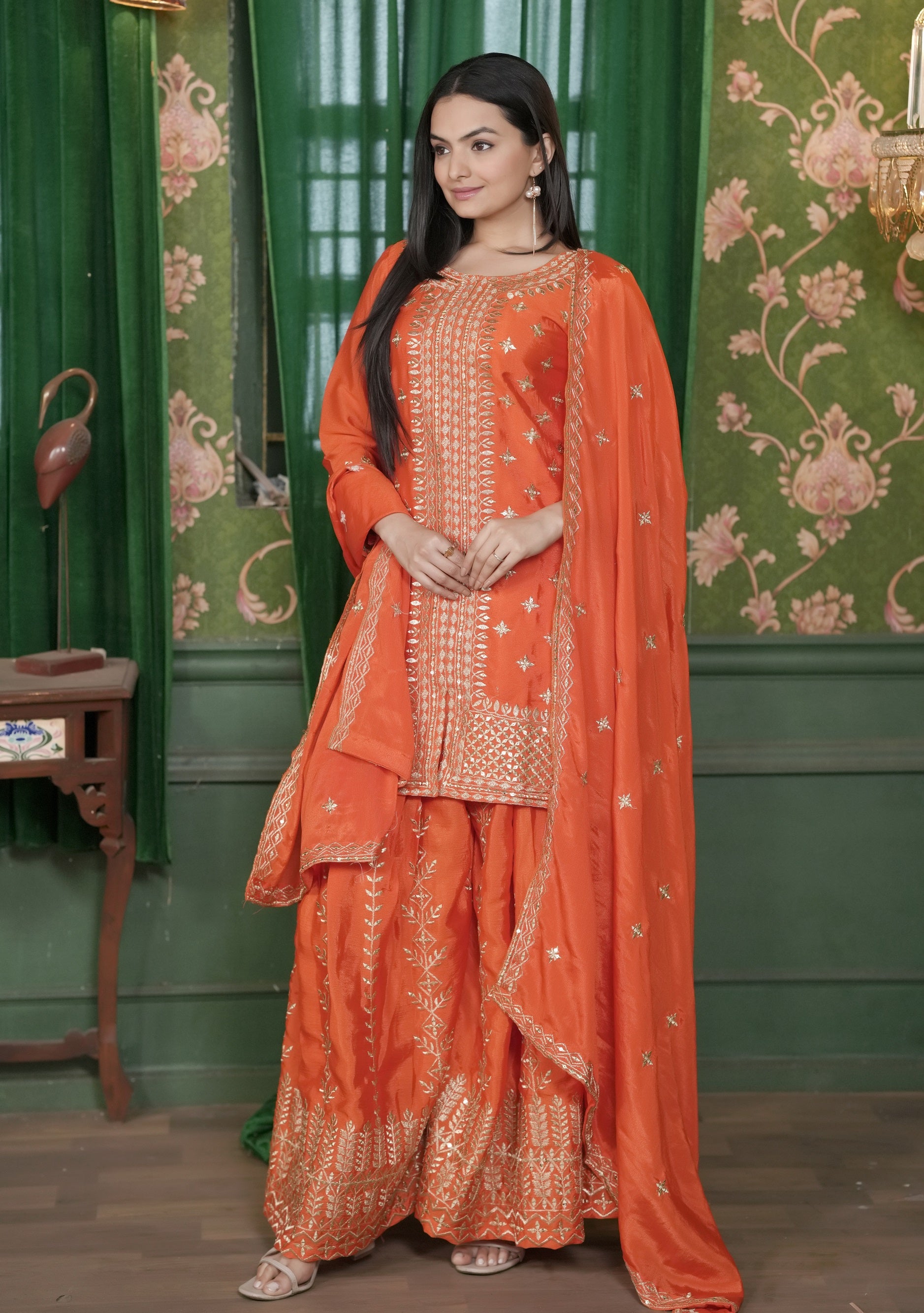Lehenga Mart Designer Chinon Sharara Suit With Sequence Embroidered Work - Orange - Distacart