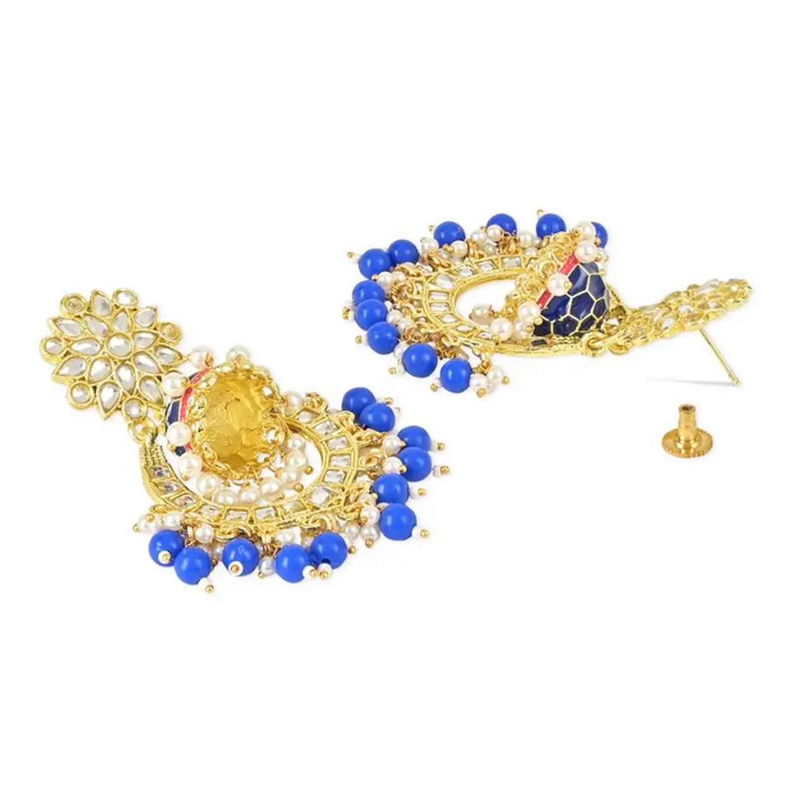 Jewel City Royal Blue and Gold-Plated Kundan Chandbali Earrings – Traditional Indian Jhumka Earrings with Pearls