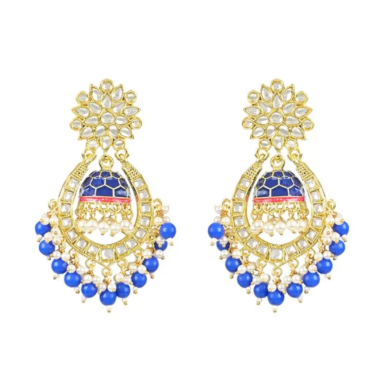 Jewel City Royal Blue and Gold-Plated Kundan Chandbali Earrings – Traditional Indian Jhumka Earrings with Pearls