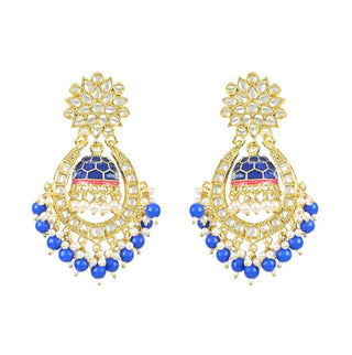 Jewel City Royal Blue and Gold-Plated Kundan Chandbali Earrings – Traditional Indian Jhumka Earrings with Pearls