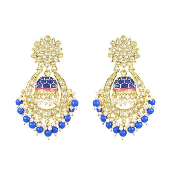 Jewel City Royal Blue and Gold-Plated Kundan Chandbali Earrings – Traditional Indian Jhumka Earrings with Pearls