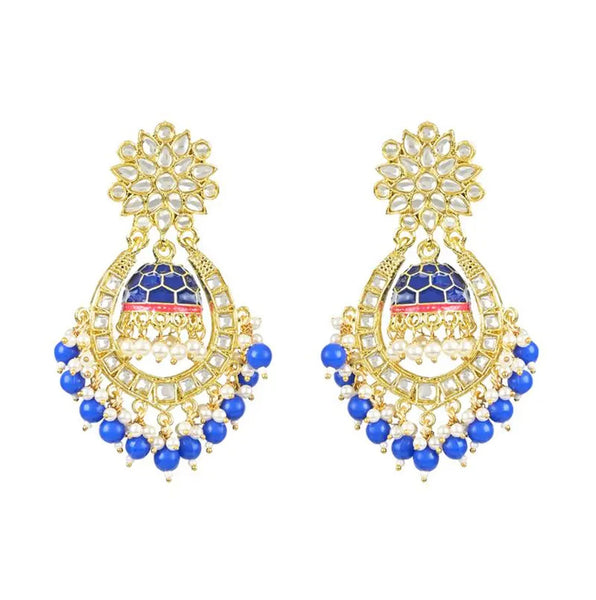 Jewel City Royal Blue and Gold-Plated Kundan Chandbali Earrings – Traditional Indian Jhumka Earrings with Pearls