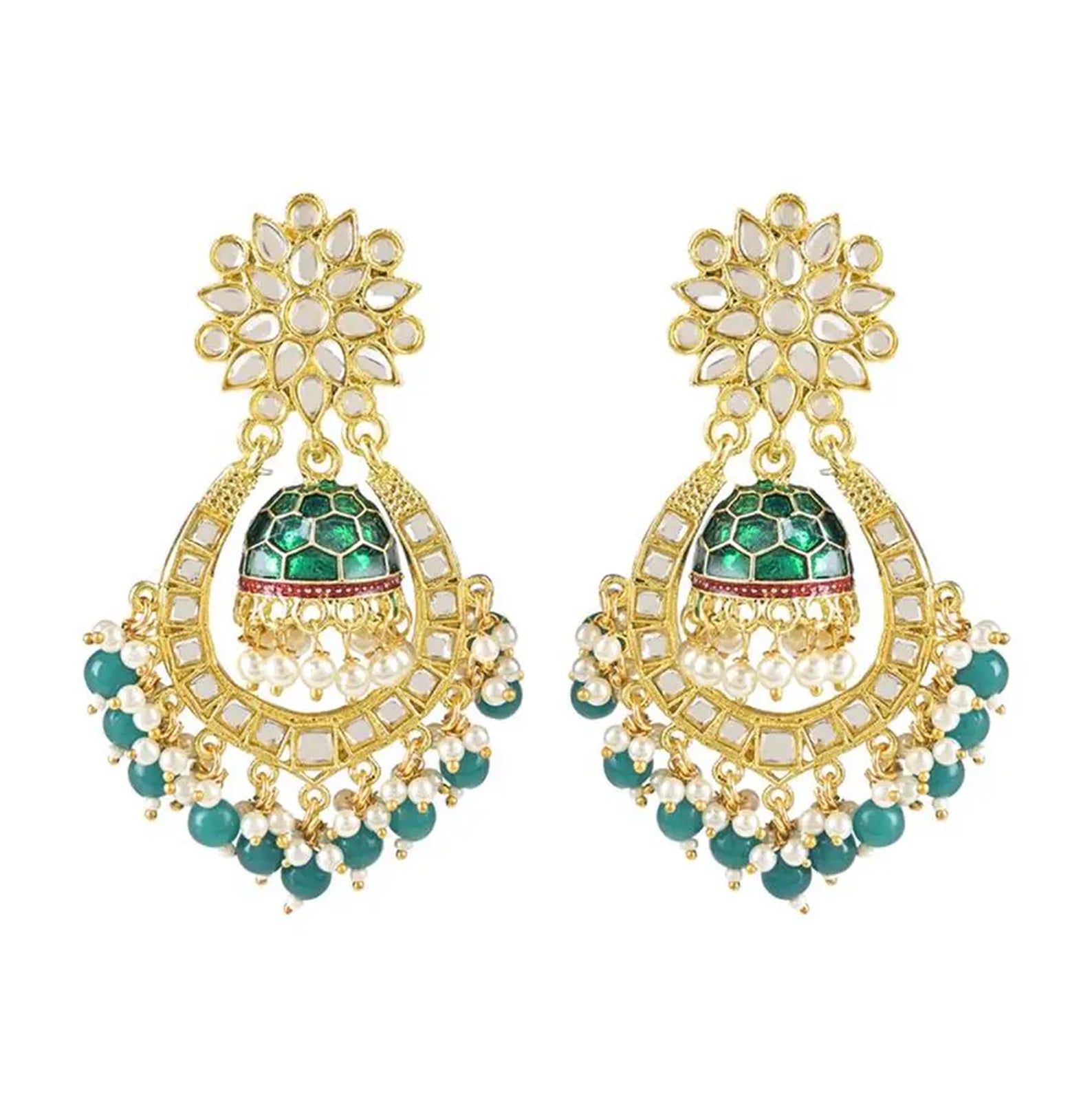Jewel City Green and Gold-Plated Kundan Chandbali Earrings – Traditional Indian Jhumka Earrings with Pearls