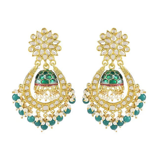 Jewel City Green and Gold-Plated Kundan Chandbali Earrings – Traditional Indian Jhumka Earrings with Pearls
