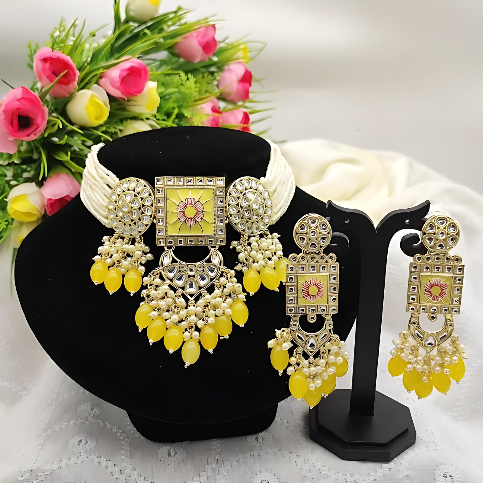 Jewel City Opulent Kundan Meena Yellow Bead Jewelry Set - Exquisite Indian Bridal Accessories