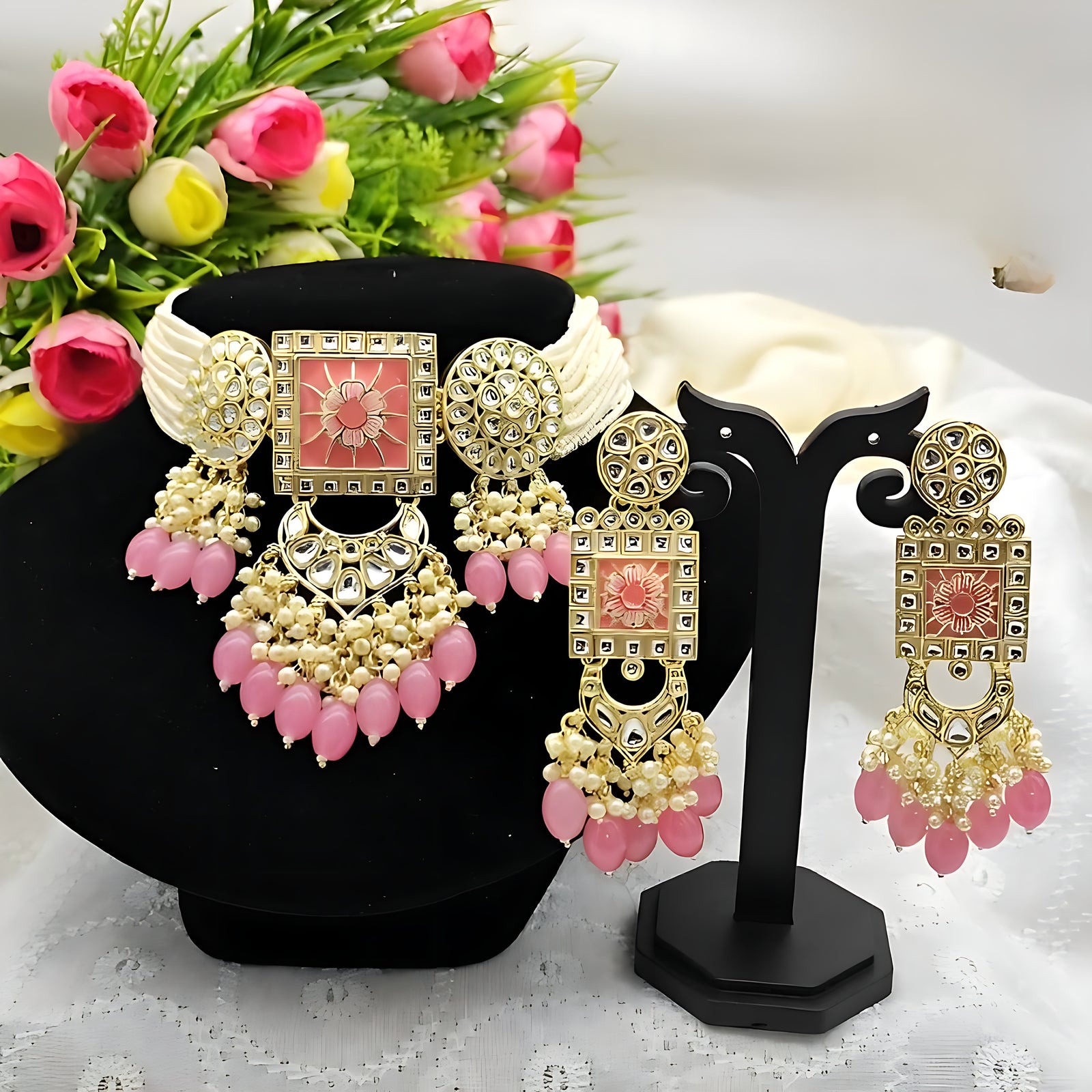 Jewel City Regal Kundan Meena Necklace and Earrings Set with Pink Beads Exquisite Indian Bridal Jewelry Collection