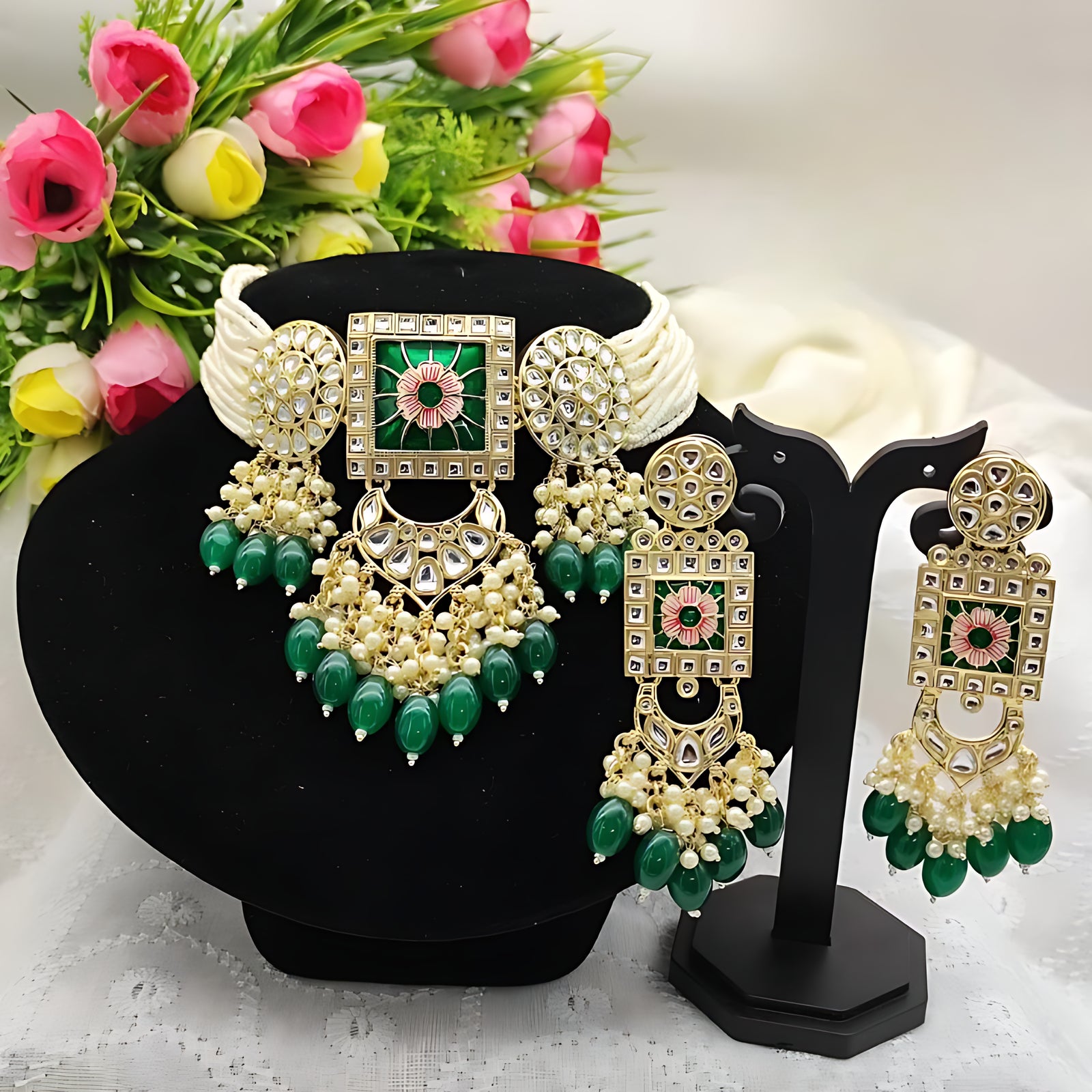 Jewel City Regal Kundan Meena Necklace and Earrings Set with Green Beads - Exquisite Indian Bridal Jewelry Collection