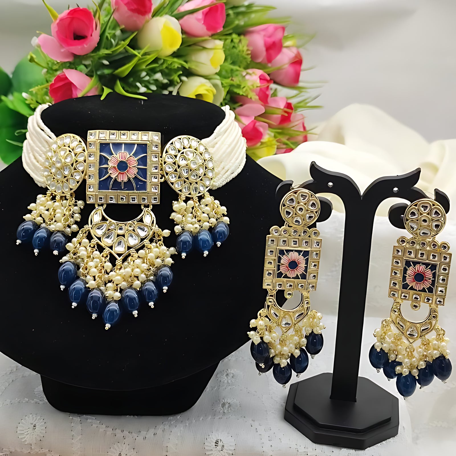 Jewel City Regal Kundan Meena Necklace and Earrings Set with Blue Beads -Exquisite Indian Bridal Jewelry Collection - Distacart