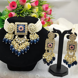 Jewel City Regal Kundan Meena Necklace and Earrings Set with Blue Beads -Exquisite Indian Bridal Jewelry Collection