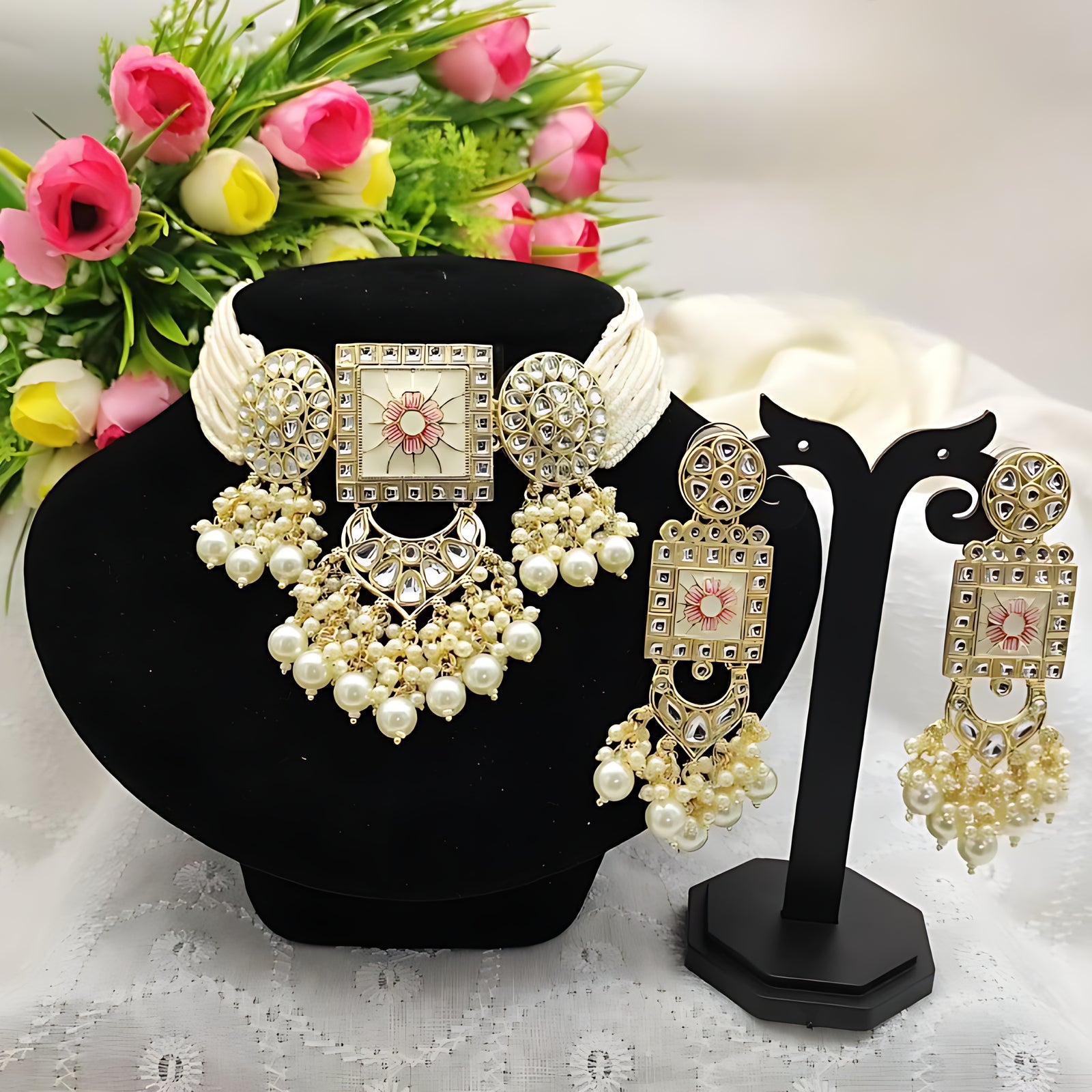 Jewel City Regal Kundan Meena Necklace and Earrings Set with White Beads -Exquisite Indian Bridal Jewelry Collection