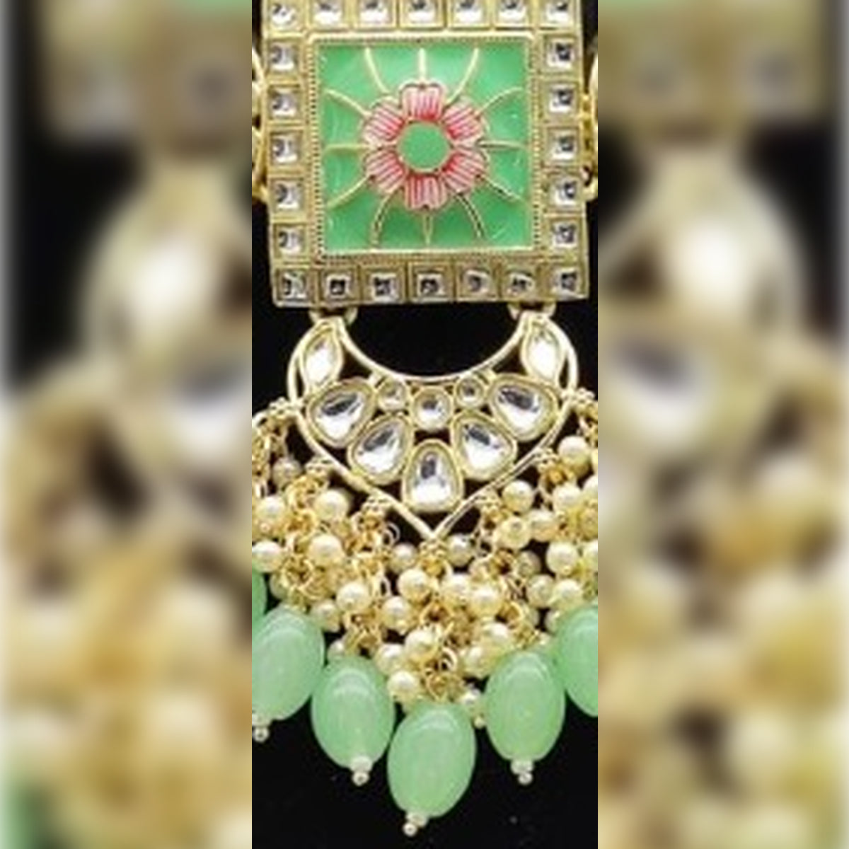Jewel City Regal Kundan Meena Necklace and Earrings Set with Mint Beads -Exquisite Indian Bridal Jewelry Collection