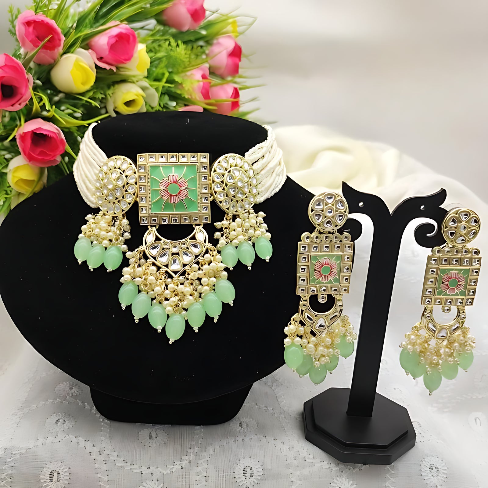 Jewel City Regal Kundan Meena Necklace and Earrings Set with Mint Beads -Exquisite Indian Bridal Jewelry Collection