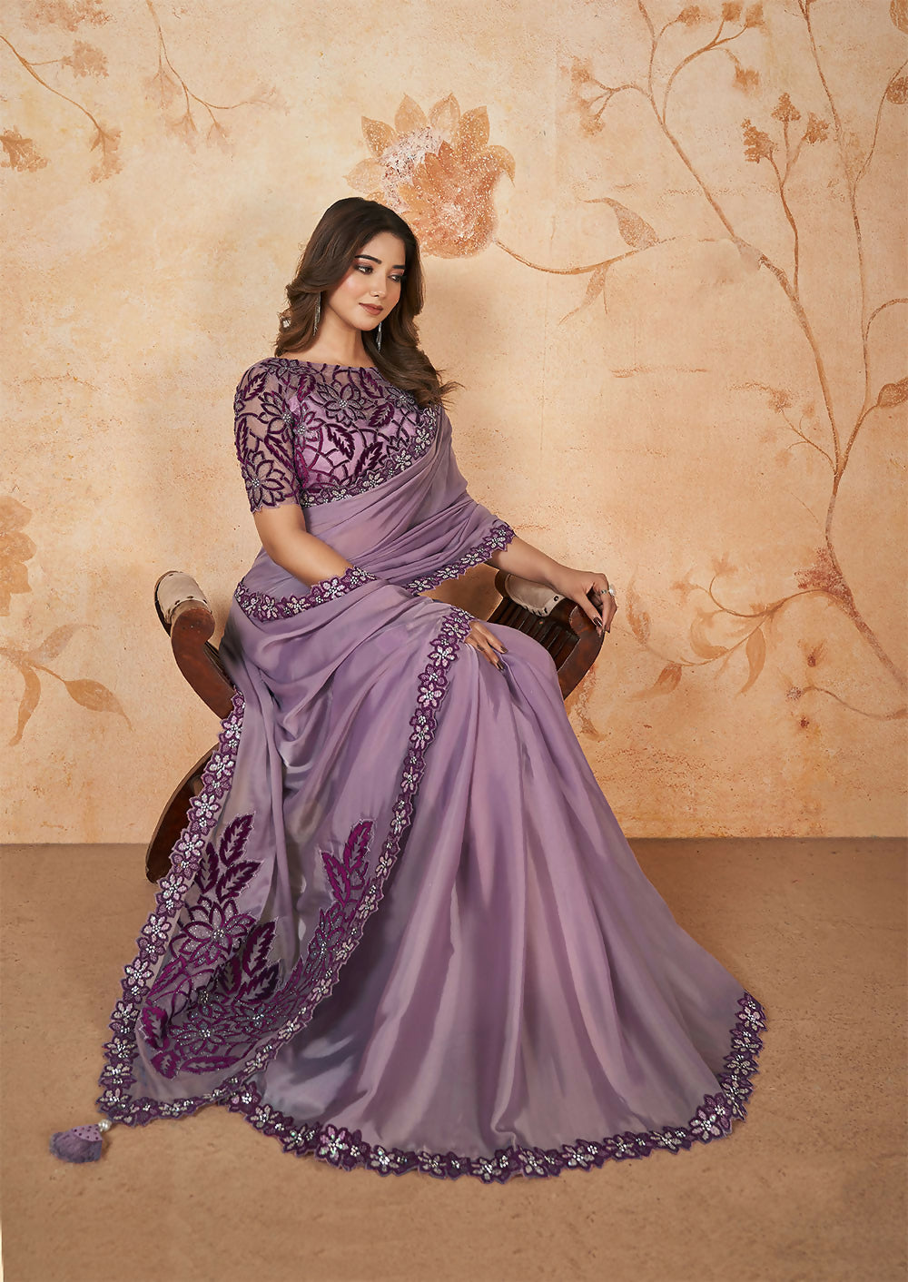 Purple Crepe Satin Silk Sequence & Cord Embroidered with Stone Work Saree - Mohmanthan Dakshika - Distacart