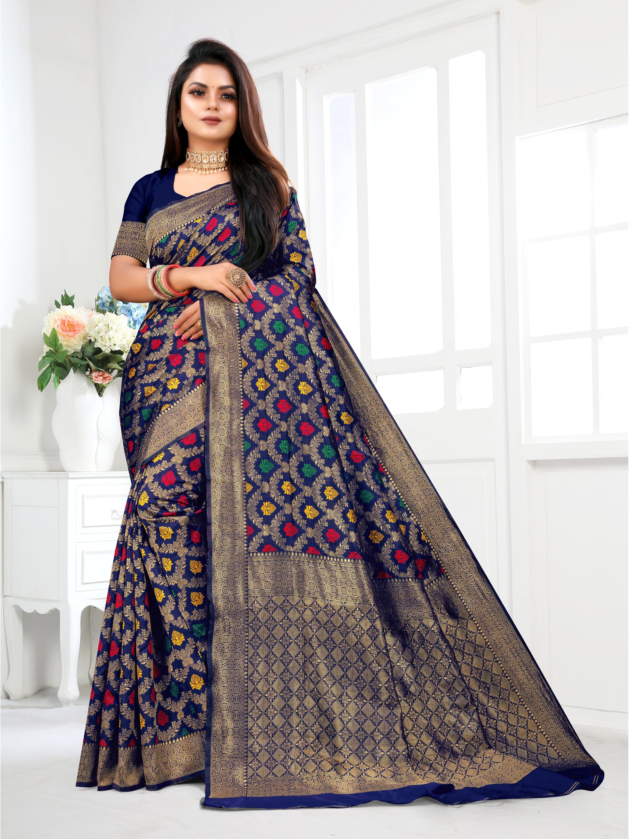 Vedant Vastram Litchi Silk Designer Banarasi Saree - Navy - Distacart