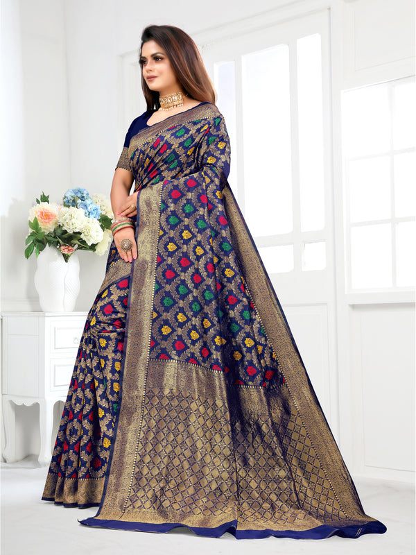 Vedant Vastram Litchi Silk Designer Banarasi Saree - Navy - Distacart