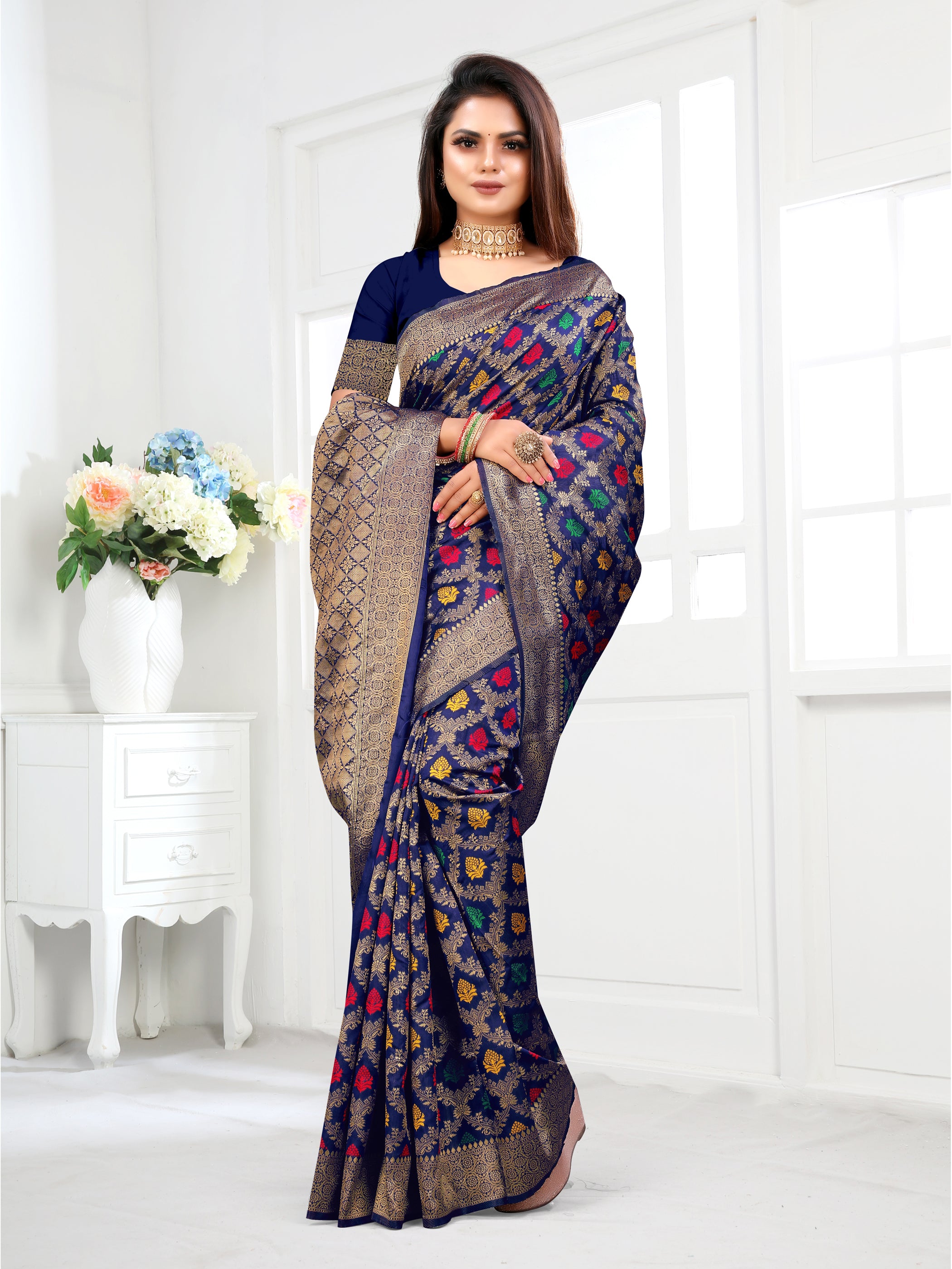 Vedant Vastram Litchi Silk Designer Banarasi Saree - Navy - Distacart