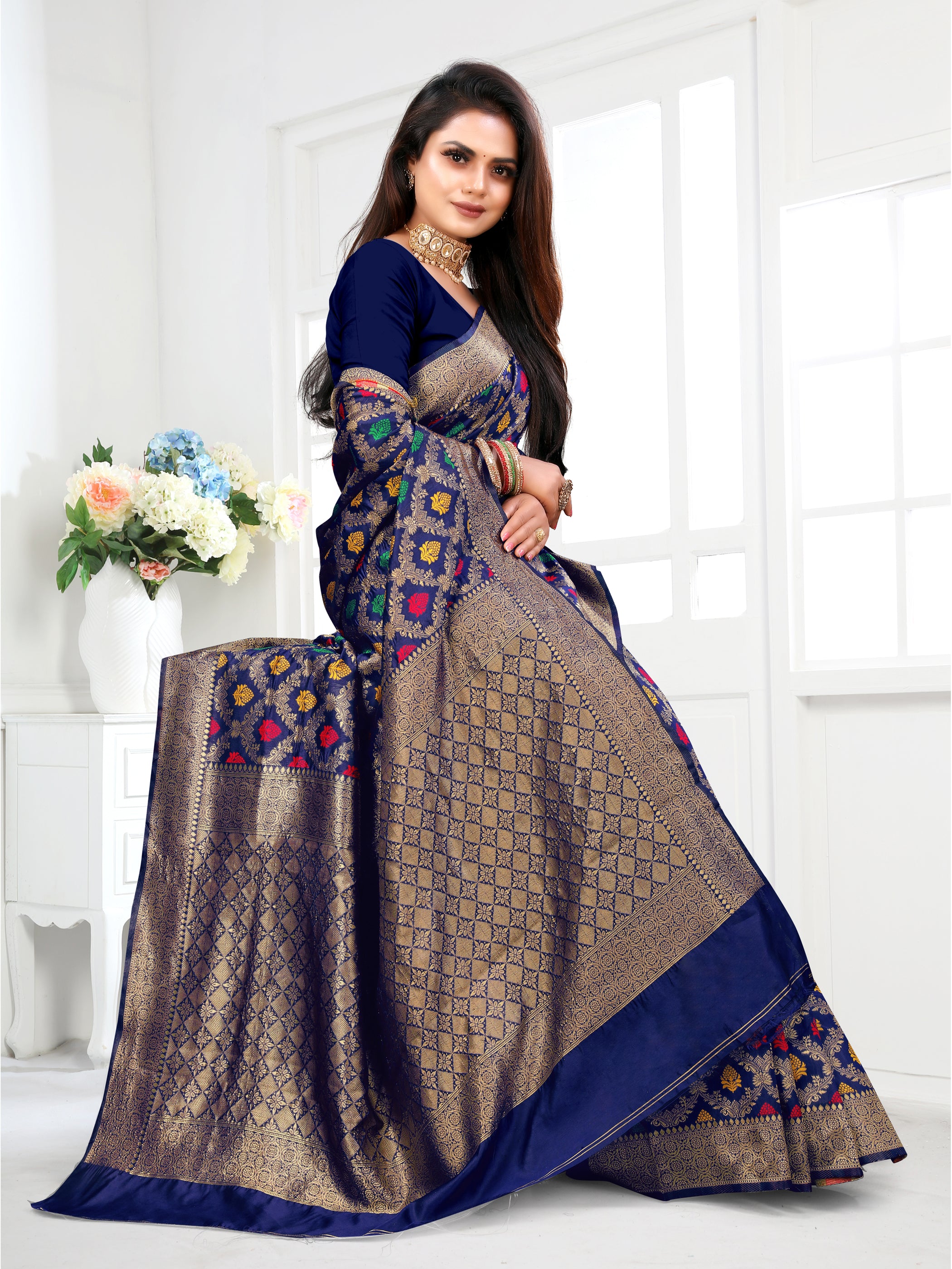 Vedant Vastram Litchi Silk Designer Banarasi Saree - Navy - Distacart