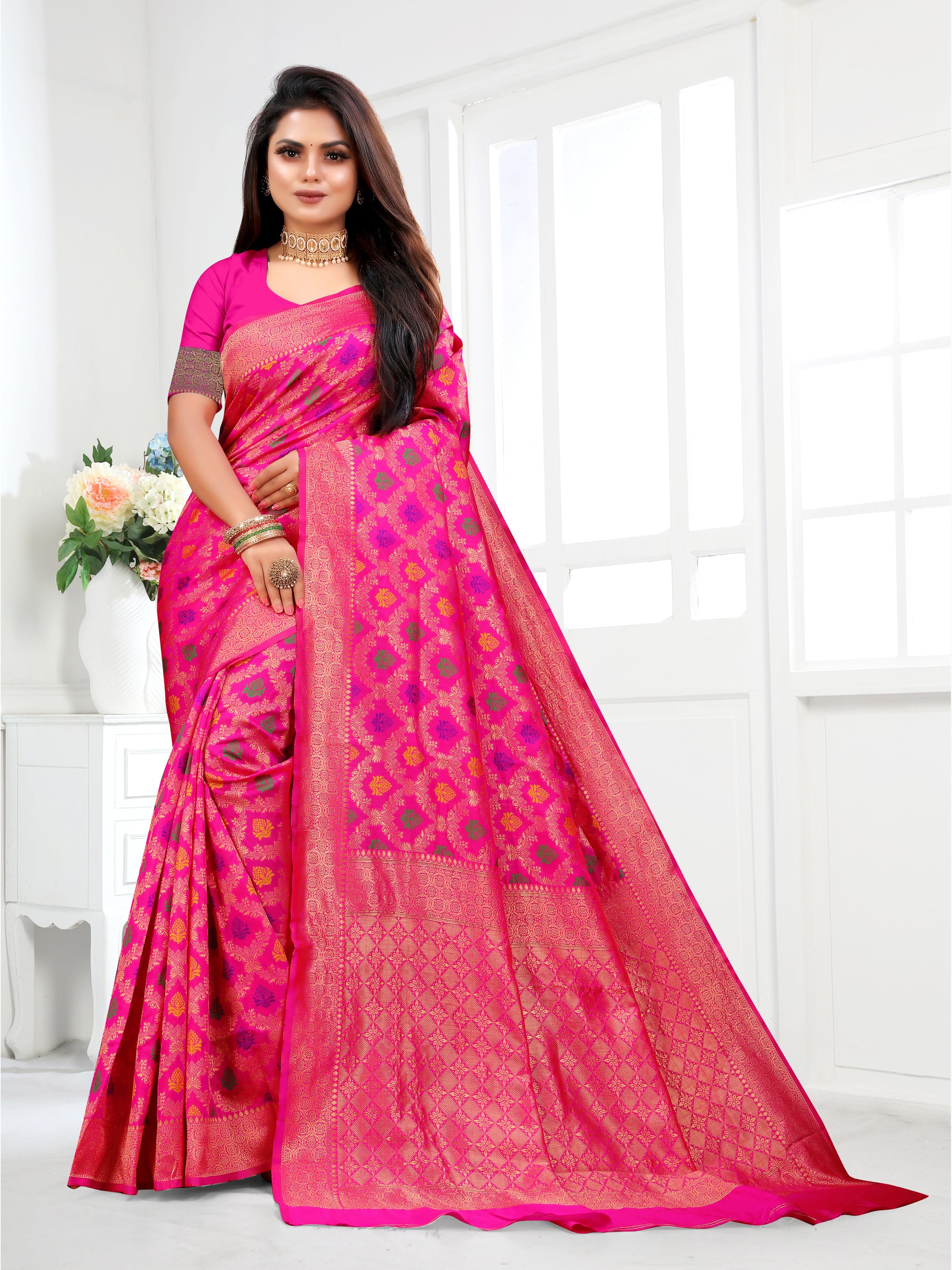 Vedant Vastram Litchi Silk Designer Banarasi Saree - Pink - Distacart