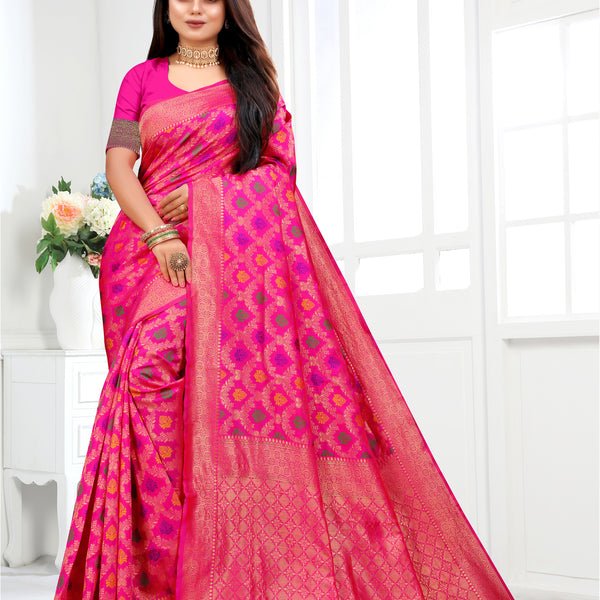 Vedant Vastram Litchi Silk Designer Banarasi Saree - Pink - Distacart